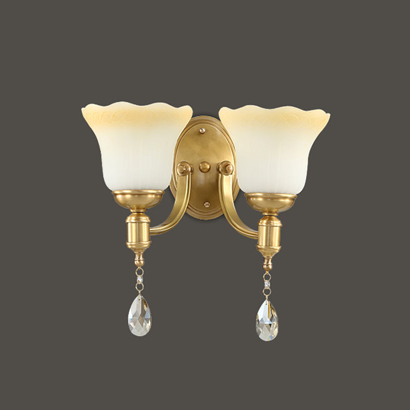 BowLift | Blossom Opaque Glass Wall Lamp Retro Style 1/2-Cup Gold Wall Lighting Ideas with Crystal Drop