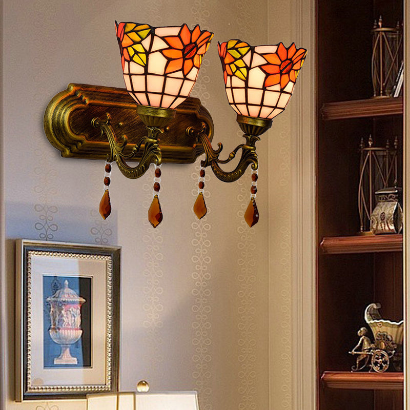 BowLift | 2 Light Bowls Wall Sconce Lighting Tiffany Stained Glass Wall Lighting with Crystal in Pink/Brown/Orange