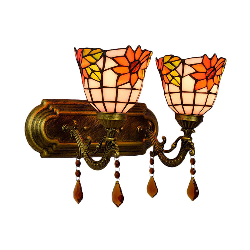 BowLift | 2 Light Bowls Wall Sconce Lighting Tiffany Stained Glass Wall Lighting with Crystal in Pink/Brown/Orange