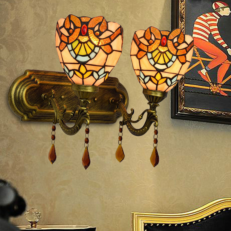 BowLift | 2 Light Bowls Wall Sconce Lighting Tiffany Stained Glass Wall Lighting with Crystal in Pink/Brown/Orange