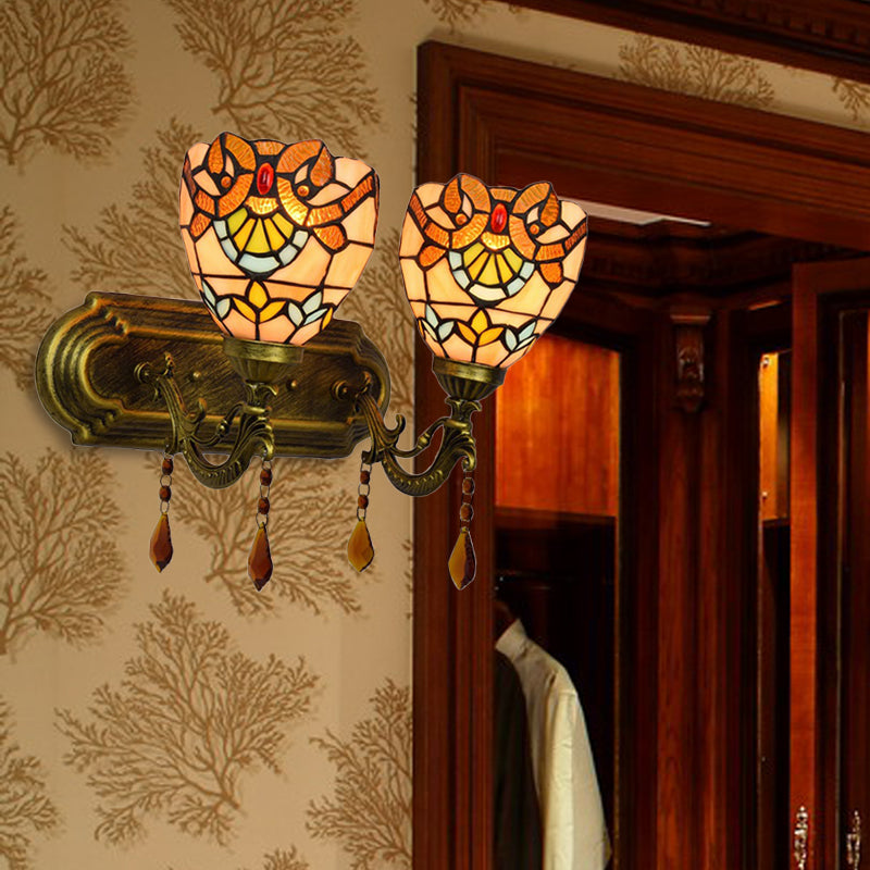 BowLift | 2 Light Bowls Wall Sconce Lighting Tiffany Stained Glass Wall Lighting with Crystal in Pink/Brown/Orange