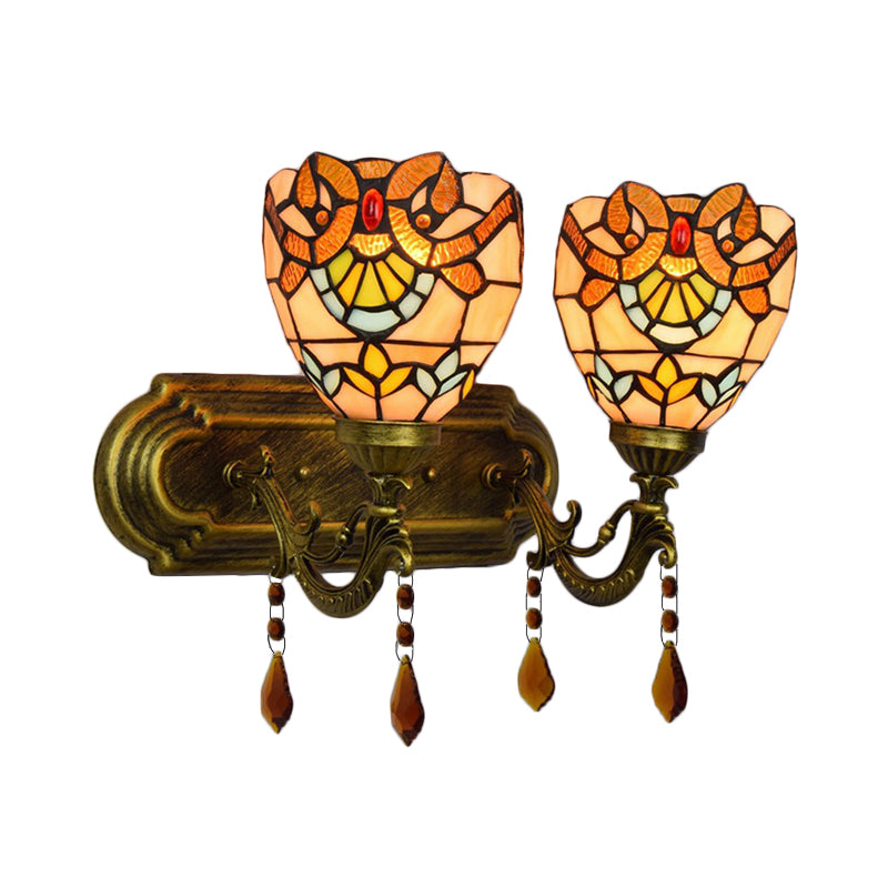 BowLift | 2 Light Bowls Wall Sconce Lighting Tiffany Stained Glass Wall Lighting with Crystal in Pink/Brown/Orange