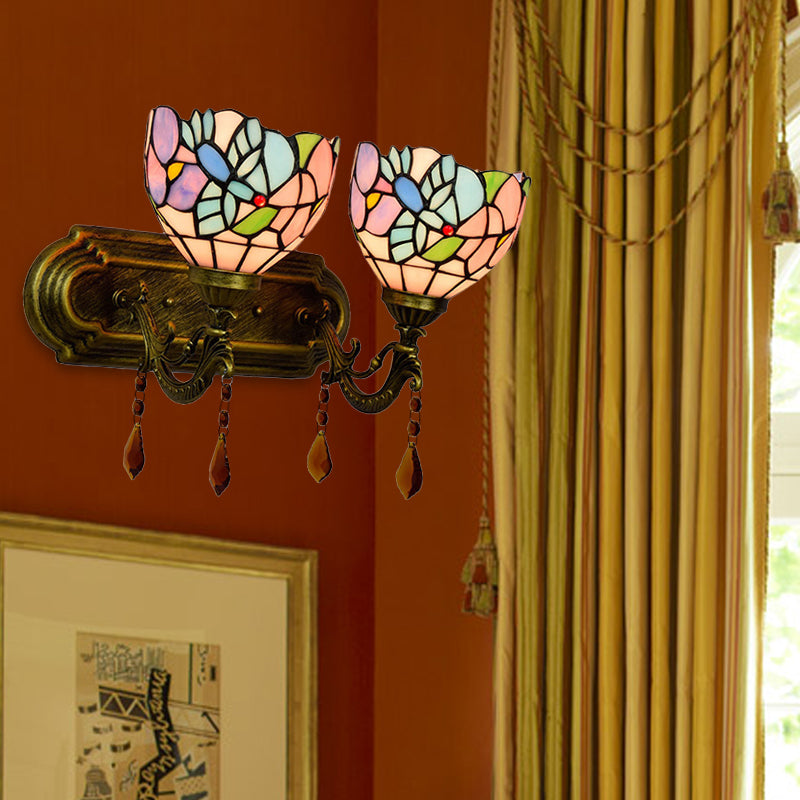 BowLift | 2 Light Bowls Wall Sconce Lighting Tiffany Stained Glass Wall Lighting with Crystal in Pink/Brown/Orange