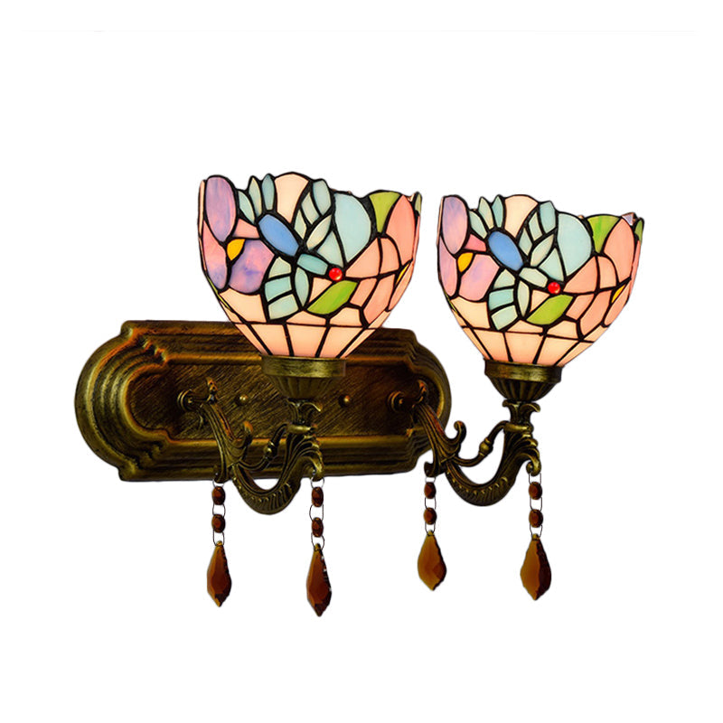 BowLift | 2 Light Bowls Wall Sconce Lighting Tiffany Stained Glass Wall Lighting with Crystal in Pink/Brown/Orange