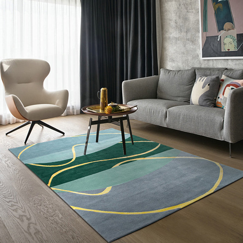 BowLift | Blue and Green Abstract Carpet Polyester Modernist Carpet Washable Pet-Friendly Area Rug for the Living Room
