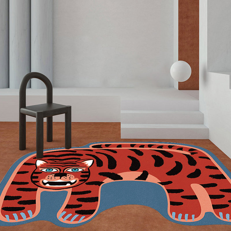 BowLift | Kids Irregular Bedroom Carpet in Red and Brown Animal Tiger Lion Leopard Print Carpet Polyester Non-Slip Base Carpet