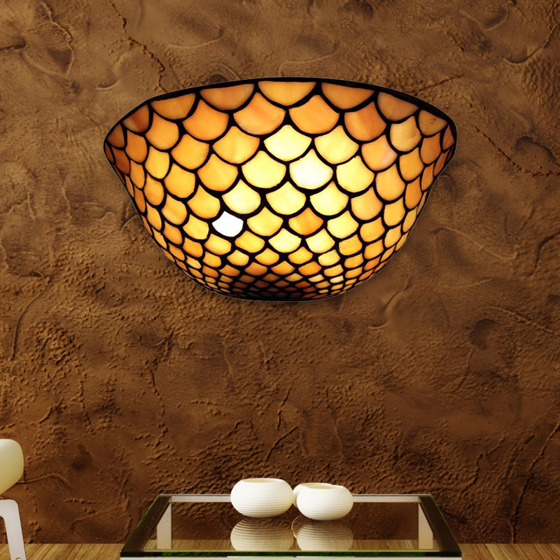 BowLift | Fish Scale Wall Light Beige Glass 2 Lights Traditional Wall Mount Light for Staircase