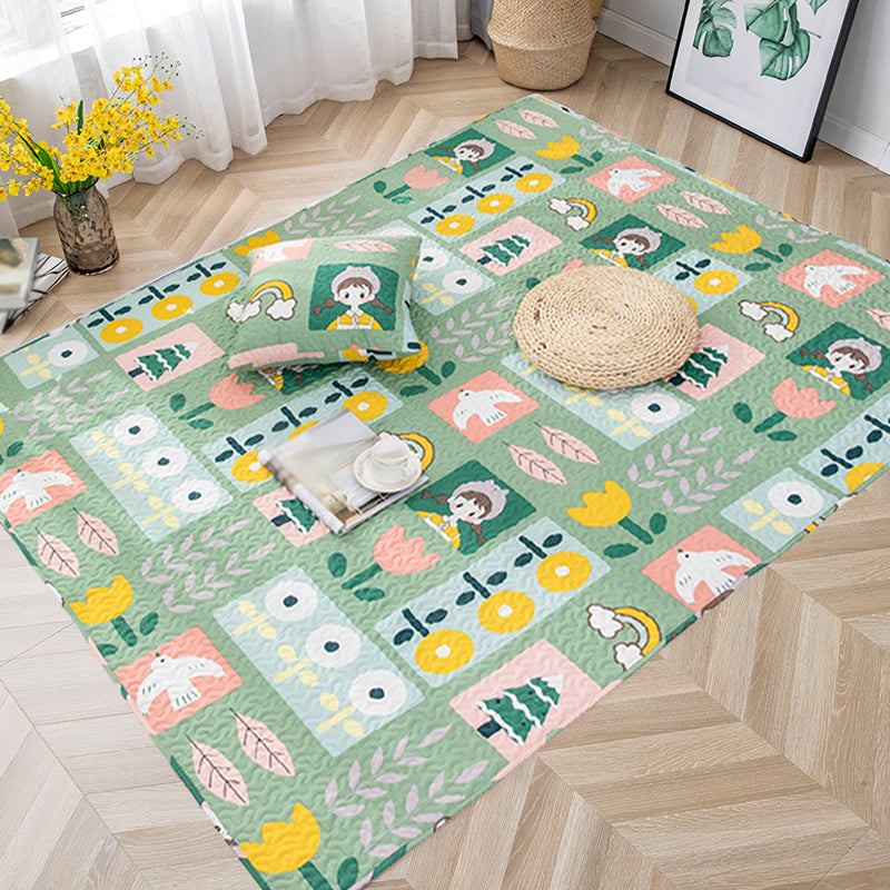 BowLift | Kids Floral Pattern Rug with Character Beige and Green Cotton Rug Washable Pet Friendly Non-Slip Area Rug for Child's Bedroom