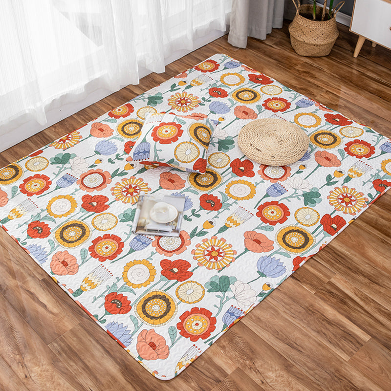 BowLift | Kids Floral Pattern Rug with Character Beige and Green Cotton Rug Washable Pet Friendly Non-Slip Area Rug for Child's Bedroom