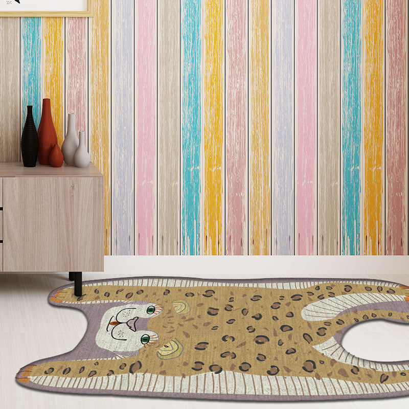 BowLift | Kids Irregular Bedroom Carpet in Yellow and Purple Animal Leopard Pattern Rug Polyester Non-Slip Base Rug