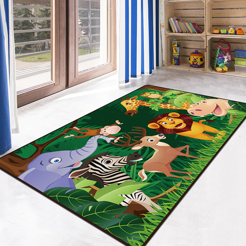 BowLift | Green and Blue Children's Carpet Polyester Animal and Insect Pattern Carpet Pet-Friendly Washable Non-Slip Background Rug for Decoration