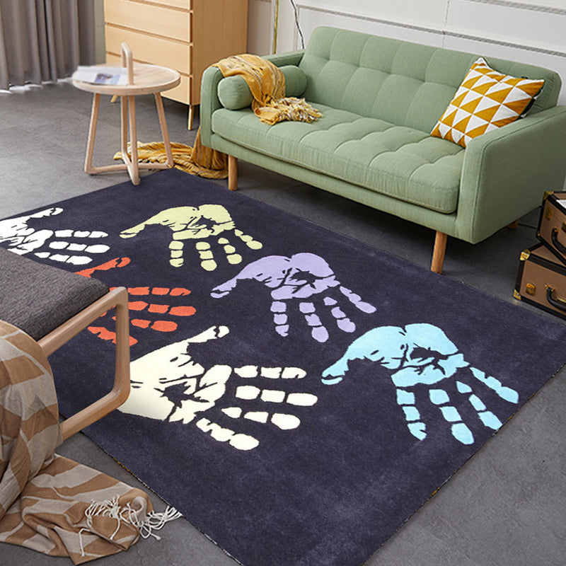 BowLift | Kids Handprint Pattern Rug Black and Apricot Polyester Rug Washable Pet-Friendly Non-Slip Area Rug for the Kids' Room