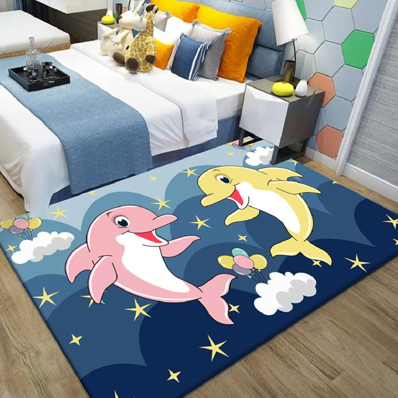 BowLift | Kids Cartoon Dolphin Pattern Rug with Star Green and Blue Polyester Rug Washable Pet Friendly Non-Slip Area Rug for Kids Room