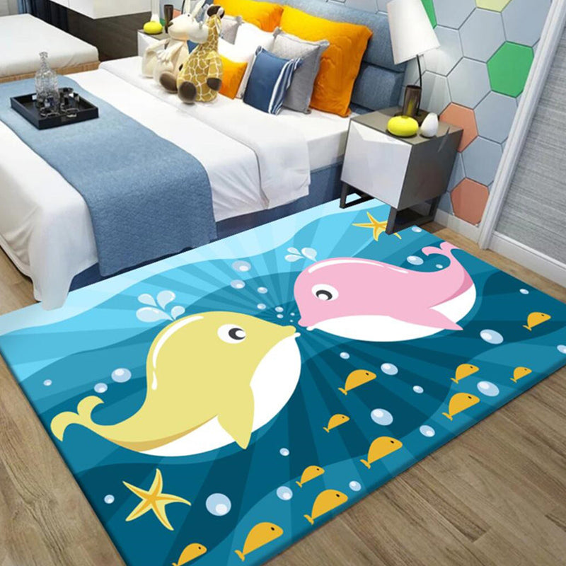 BowLift | Kids Cartoon Dolphin Pattern Rug with Star Green and Blue Polyester Rug Washable Pet Friendly Non-Slip Area Rug for Kids Room