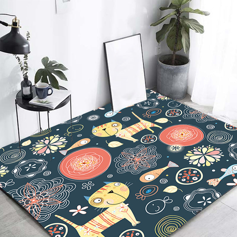 BowLift | Dark Black Children’s Mat Polyester Animal and Flower Pattern Carpet Pet Friendly Washable Non-Slip Backing Rug for Decoration
