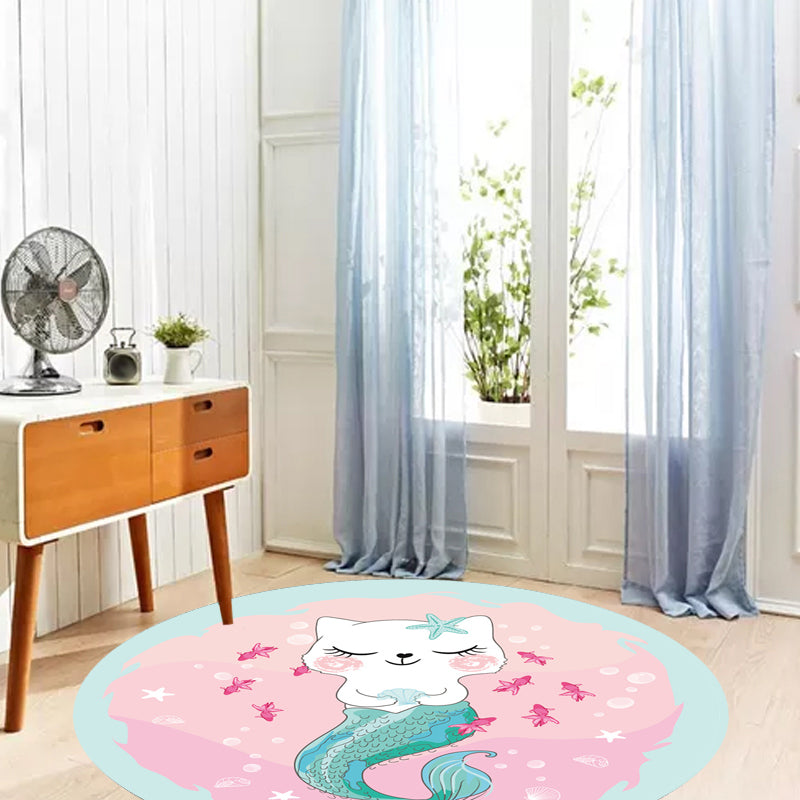 BowLift | Kids Cartoon Cat Pattern Rug Pink and Red Polyester Carpet Washable Pet Friendly Non-Slip Area Rug for Children's Room