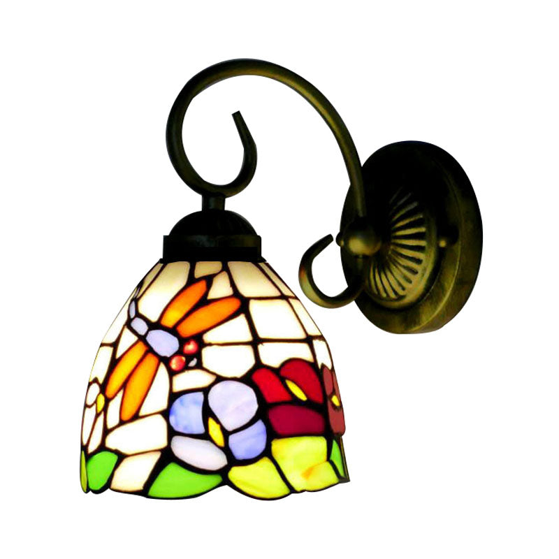 BowLift | Rustic Dragonfly Wall Lamp with Curved Arm 1 Light Colored Glass Wall Lighting in Brass
