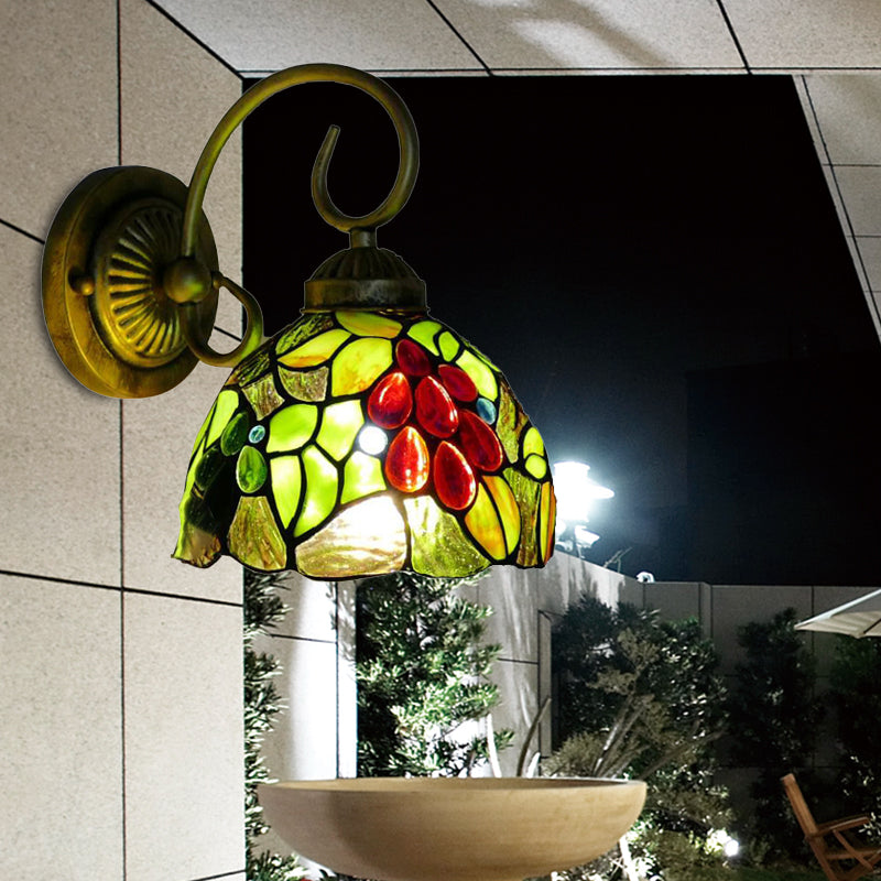 BowLift | Light Green Glass Dome Wall Lamp Fixture Tiffany 1 Head Antique Bronze Wall Lamp with Arch/Curved Arm
