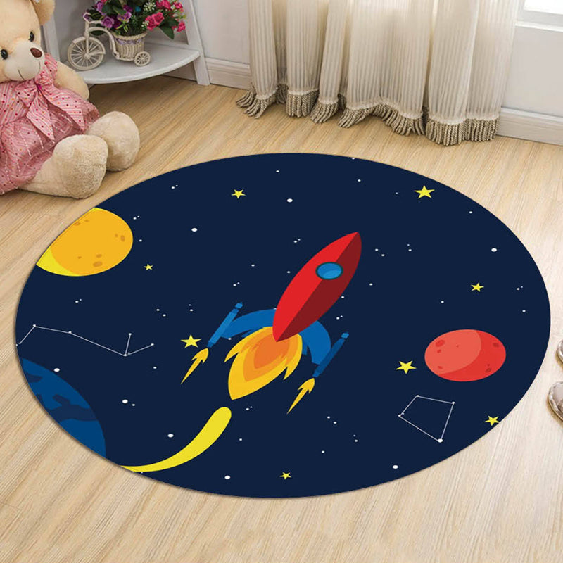 BowLift | Dark Blue Children's Carpet Polyester Spaceships and Stars Pattern Carpet Pet Friendly Washable Nonslip Rug for Decoration
