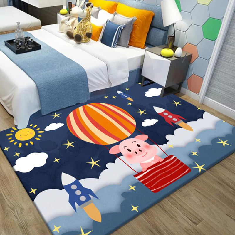 BowLift | Kids Space Pattern Rug with Spaceship Multicolor Polyester Rug Washable Pet Friendly Non-Slip Rug for the Children's Room