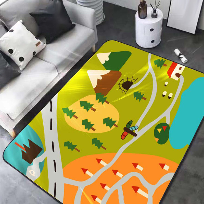 BowLift | Kids Map Pattern Rug Green Polyester Rug Washable Pet-Friendly Non-Slip Area Rug for the Children's Room