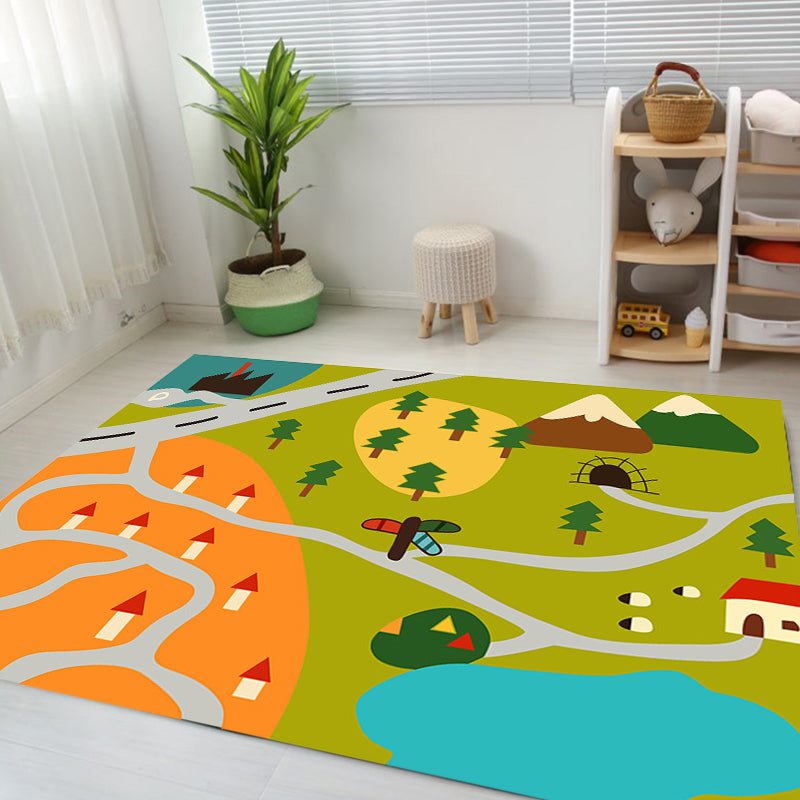 BowLift | Kids Map Pattern Rug Green Polyester Rug Washable Pet-Friendly Non-Slip Area Rug for the Children's Room