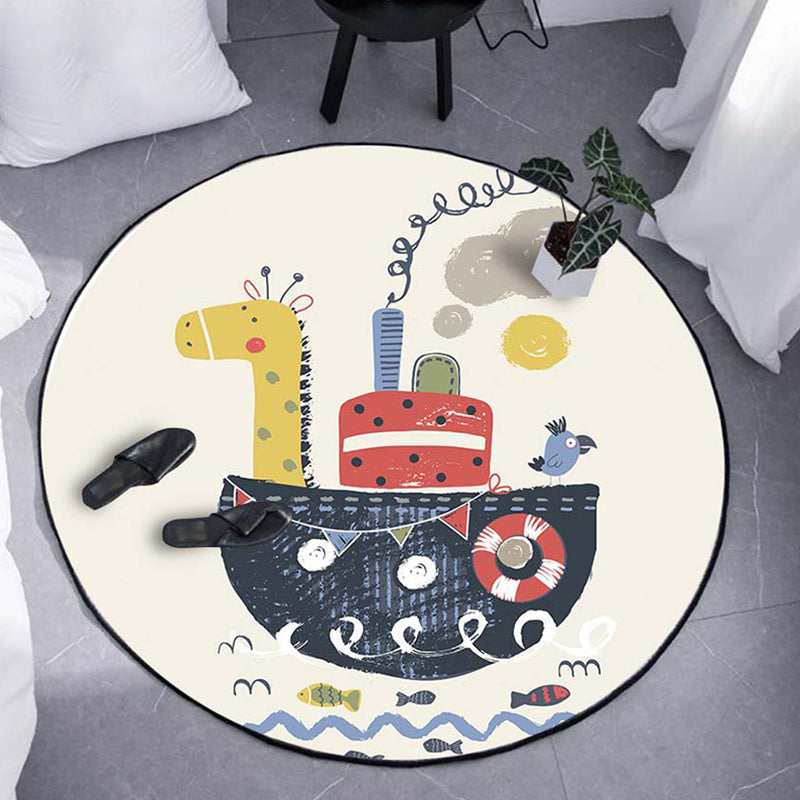BowLift | Kids Ship Pattern Rug Beige and Orange Polyester Rug Washable Pet-Friendly Non-Slip Rug for the Children's Room