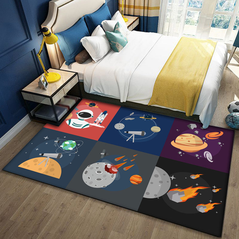 BowLift | Black and Blue Kids Rug Polyester Space and Beach Pattern Rug Pet Friendly Washable Non-Slip Backing Carpet for Decoration