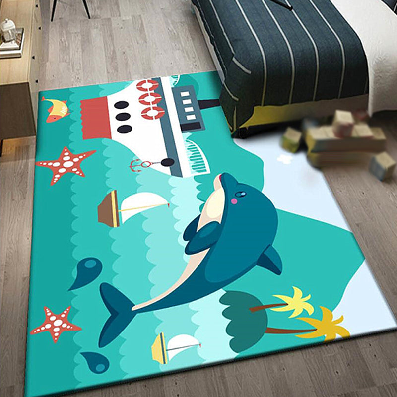 BowLift | Kids Ship Pattern Carpet with Dolphin Blue Polyester Carpet Washable Pet-friendly Non-slip Carpet for the Children's Room