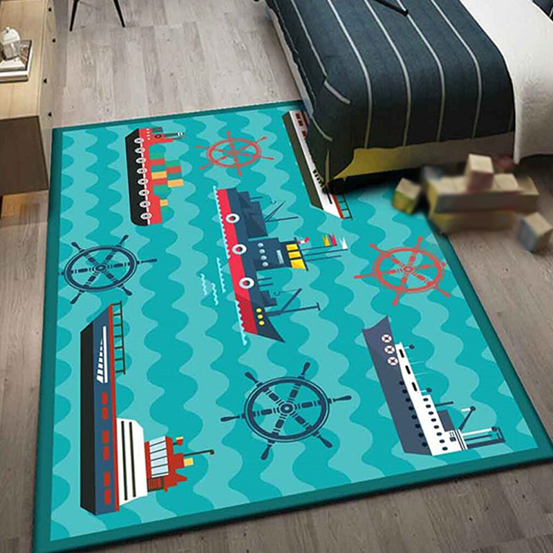 BowLift | Kids Ship Pattern Carpet with Dolphin Blue Polyester Carpet Washable Pet-friendly Non-slip Carpet for the Children's Room