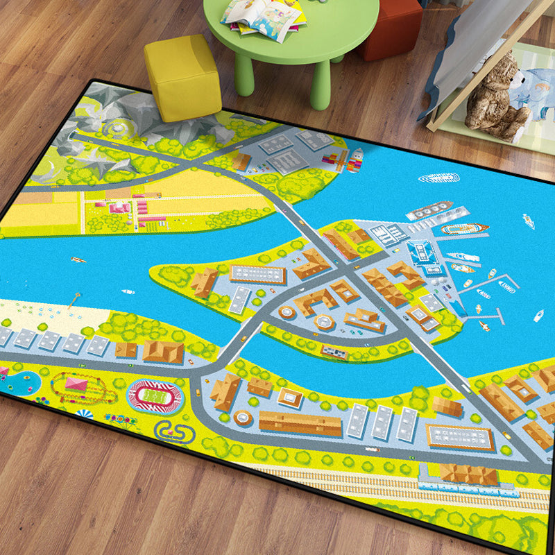 BowLift | Kids Island Pattern Rug Green and Blue Polyester Rug Washable Pet-Friendly Non-Slip Rug for the Children's Room