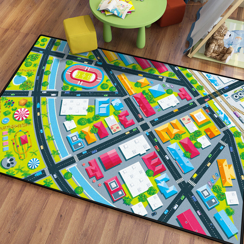 BowLift | Kids Island Pattern Rug Green and Blue Polyester Rug Washable Pet-Friendly Non-Slip Rug for the Children's Room