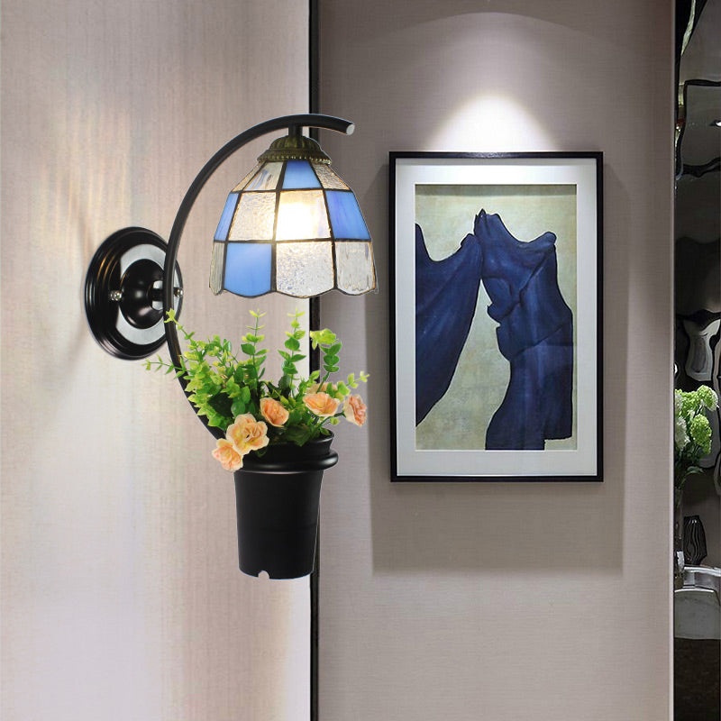BowLift | Dome Wall Lamp Tiffany Stained Glass 1 Socket Blue Wall Lamp with Flower Decoration
