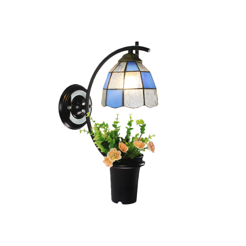 BowLift | Dome Wall Lamp Tiffany Stained Glass 1 Socket Blue Wall Lamp with Flower Decoration