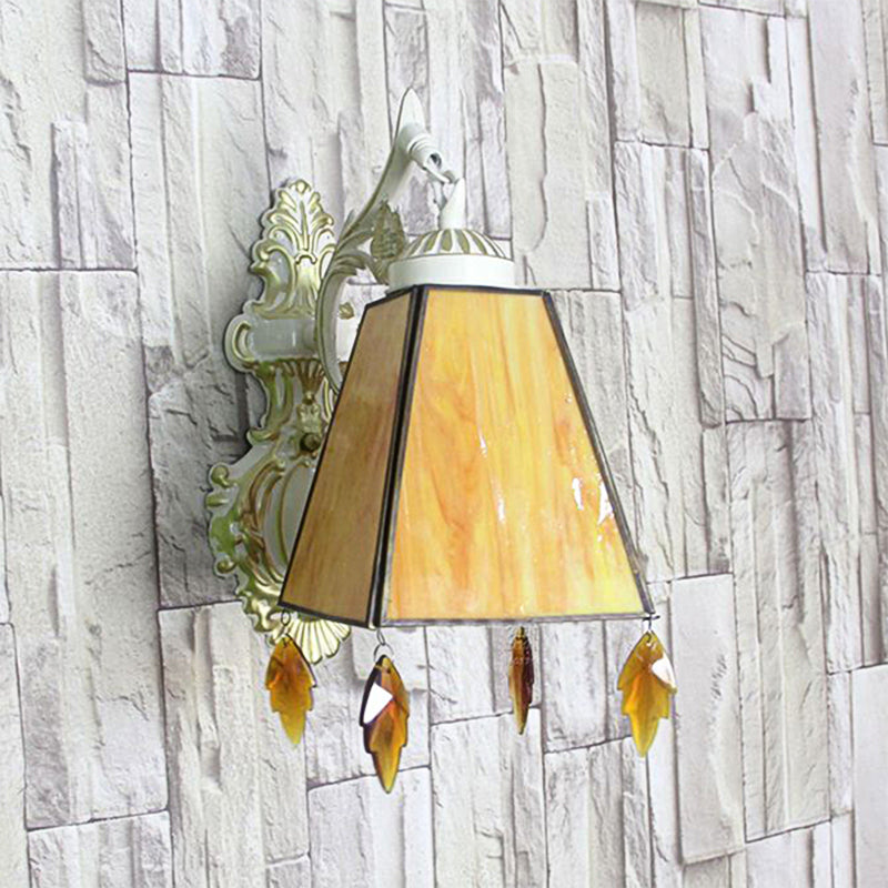 BowLift | Geometric Wall Lamp Tiffany Style Stained Glass 1 Light Wall Lamp Fixture with Leaf Pendant in Amber/Green/Clear