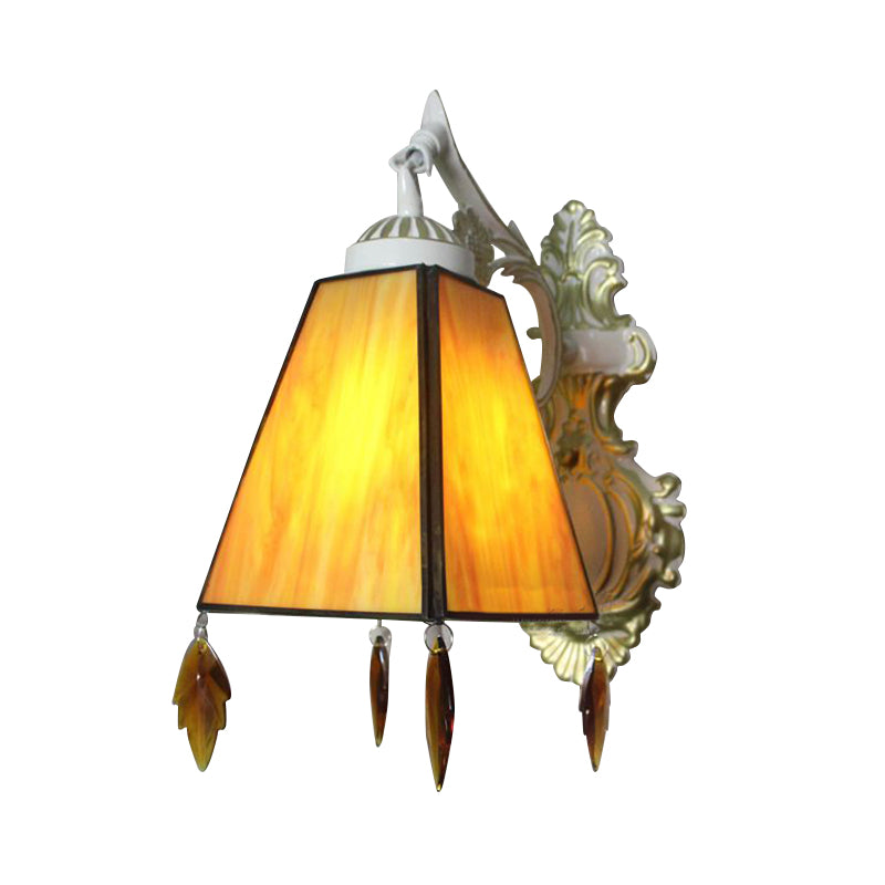 BowLift | Geometric Wall Lamp Tiffany Style Stained Glass 1 Light Wall Lamp Fixture with Leaf Pendant in Amber/Green/Clear
