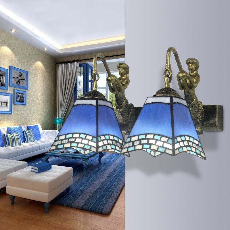 BowLift | 2 Heads Pyramid Wall Light Mediterranean Blue Glass Wall Lamp for Bedroom