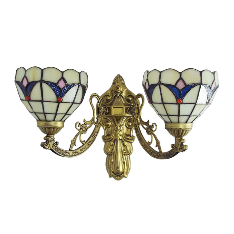 BowLift | Baroque Wall Lamp Fixture with Engraved Arm Braided Glass 2 Heads Wall Light in Blue/Beige for Library