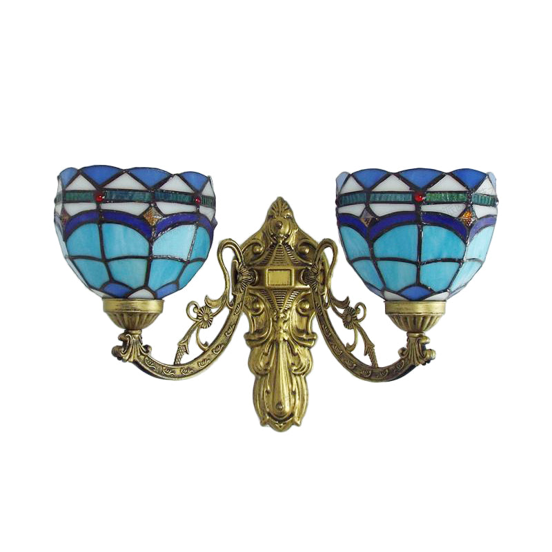 BowLift | Baroque Wall Lamp Fixture with Engraved Arm Braided Glass 2 Heads Wall Light in Blue/Beige for Library