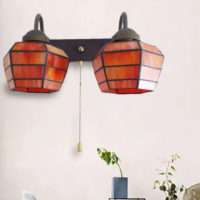 BowLift | Lantern Wall Light Fixture Tiffany Stained Glass 2 Heads Orange Wall Lamp with Pull Switch
