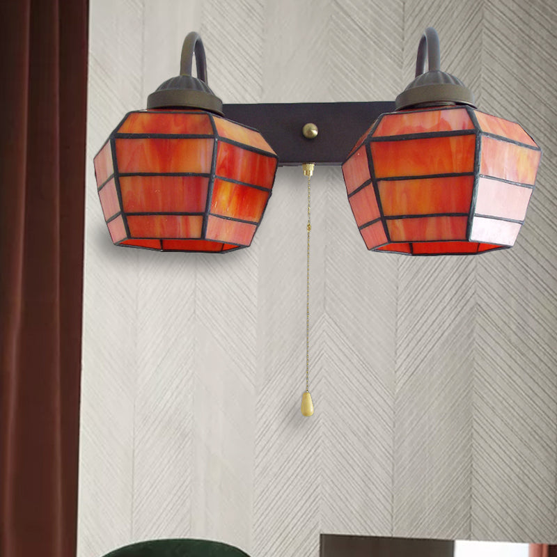 BowLift | Lantern Wall Light Fixture Tiffany Stained Glass 2 Heads Orange Wall Lamp with Pull Switch