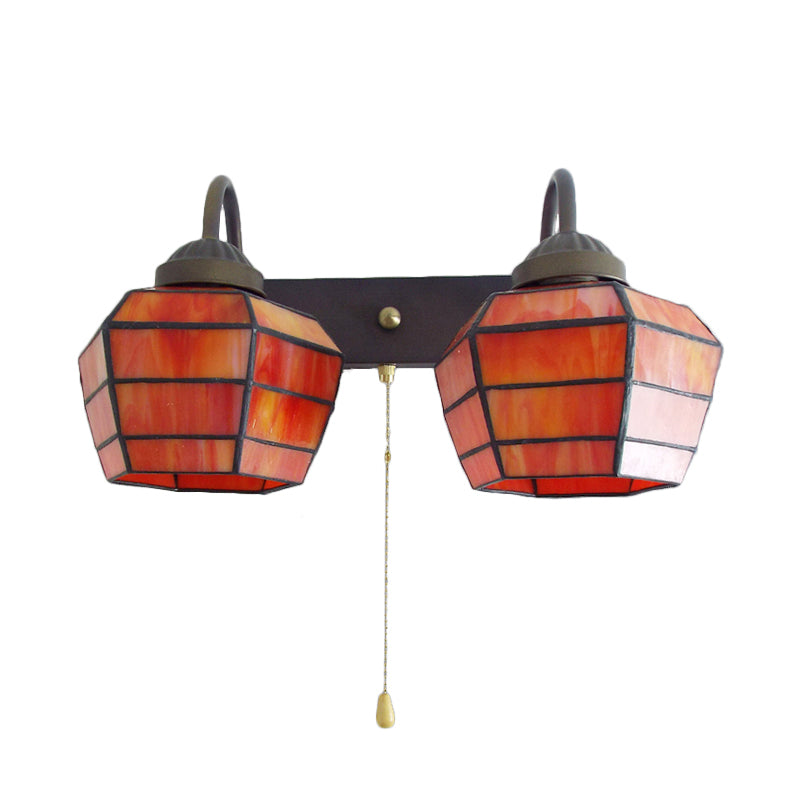 BowLift | Lantern Wall Light Fixture Tiffany Stained Glass 2 Heads Orange Wall Lamp with Pull Switch