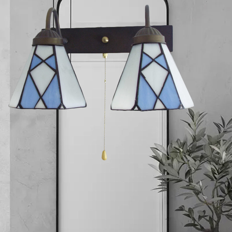 BowLift | Conical Stained Glass Wall Light Fixture Tiffany 2 Heads Blue/Orange Wall Lamp with Pull Chain