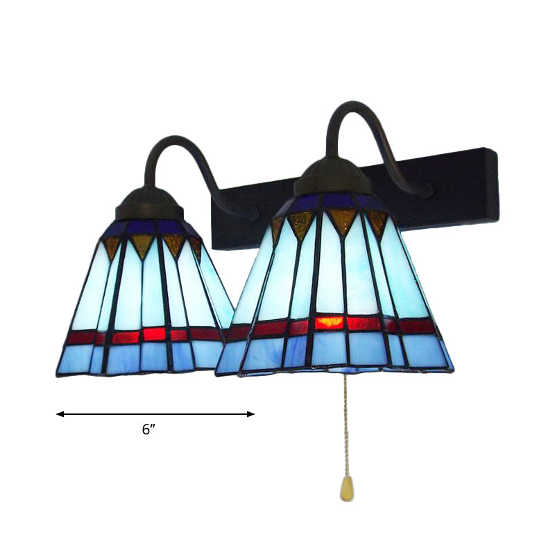 BowLift | Mediterranean Cone Wall Lamp 2 Heads Blue Glass Wall Mount Light with Pull Switch