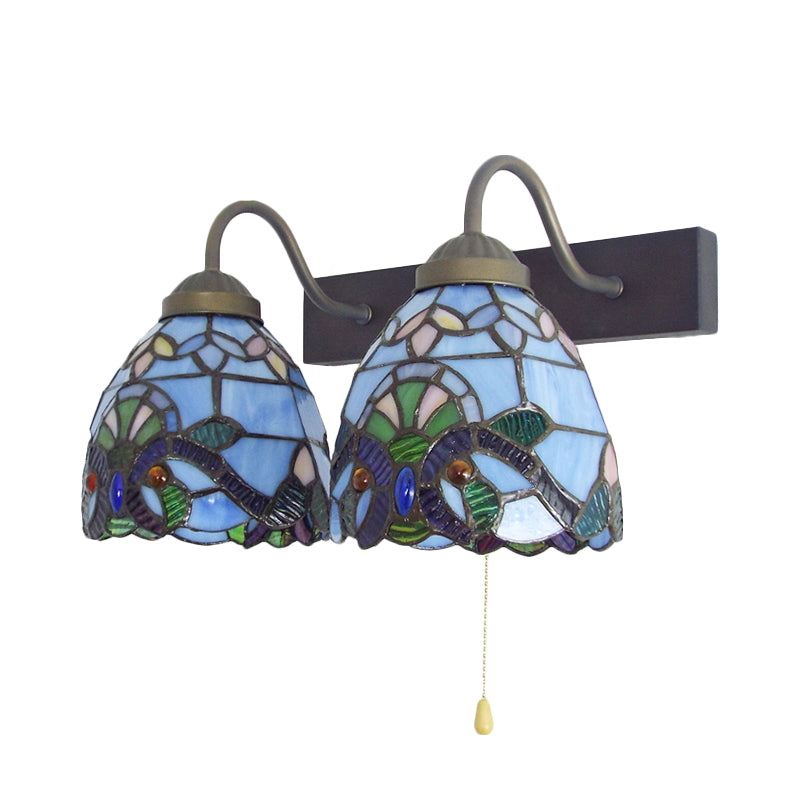 BowLift | 2 Heads Bowl Wall Light Baroque Blue Glass Wall Lamp with Pull Switch