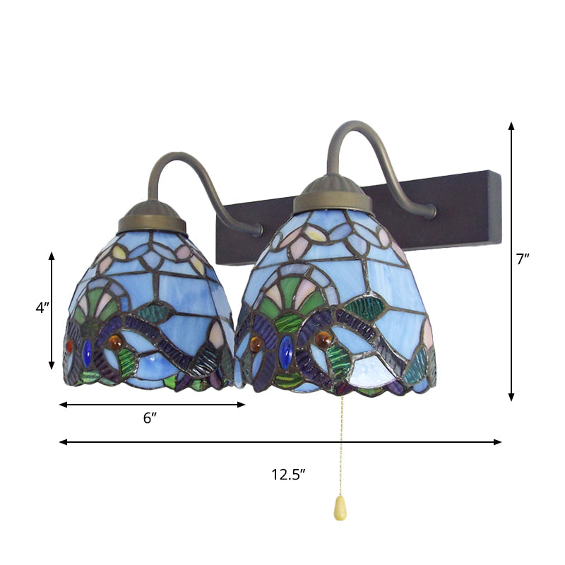 BowLift | 2 Heads Bowl Wall Light Baroque Blue Glass Wall Lamp with Pull Switch