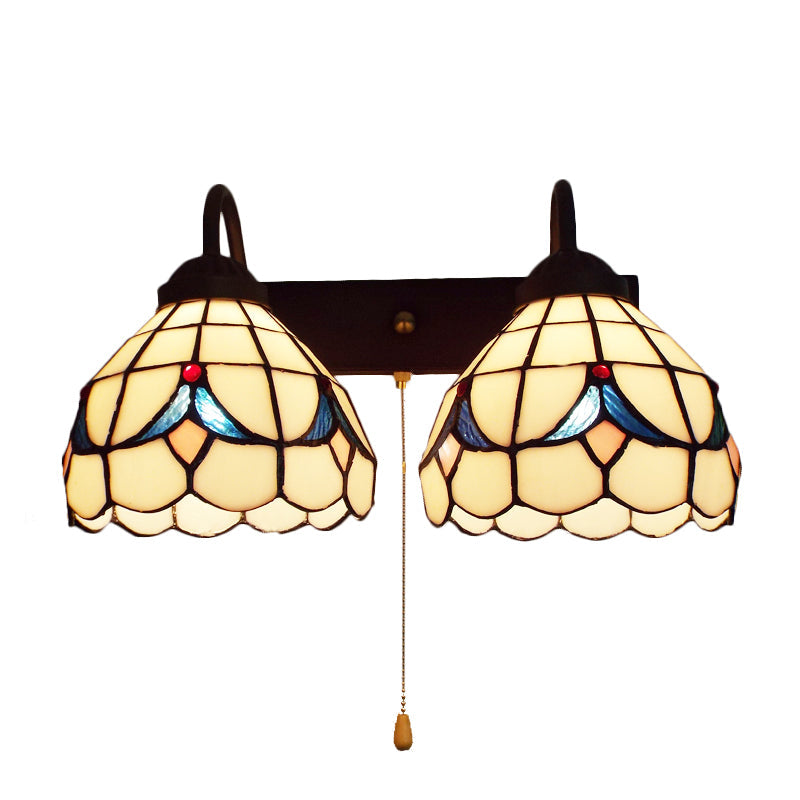 BowLift | 2 Heads Dome Wall Light Tiffany Black 2 Heads Beige Glass Wall Mount Light with Pull Chain