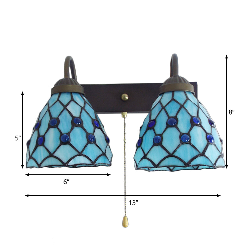 BowLift | Sky Blue Glass Bowl Sconce Light Fixture Mediterranean 1 Head Black Wall Lamp with Pull Chain