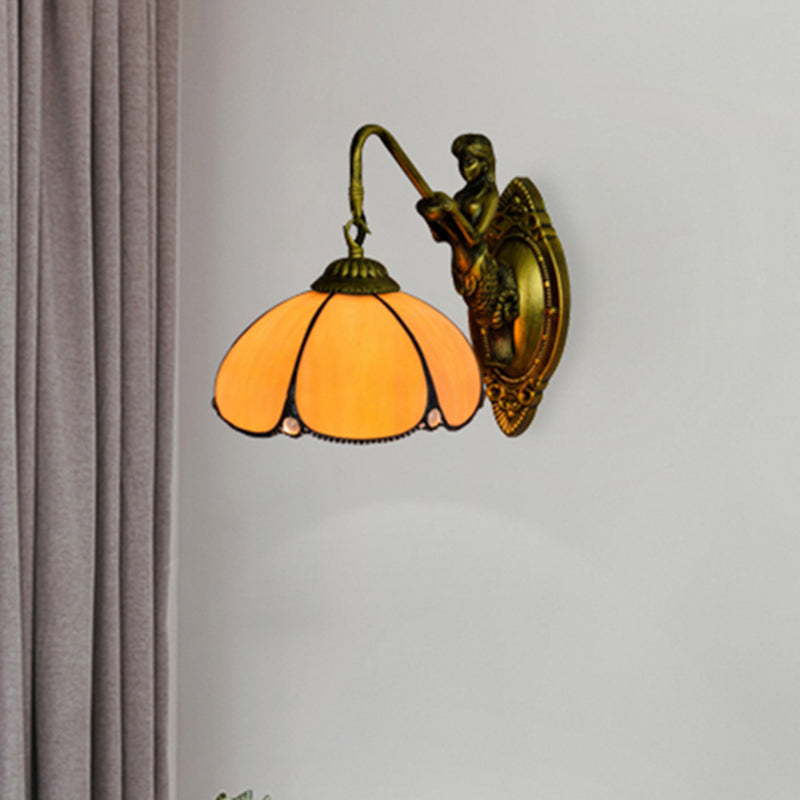 BowLift | Antique Brass Flower Wall Lighting Fixture Tiffany 1 Head Yellow Glass Wall Lamp with Mermaid Decoration