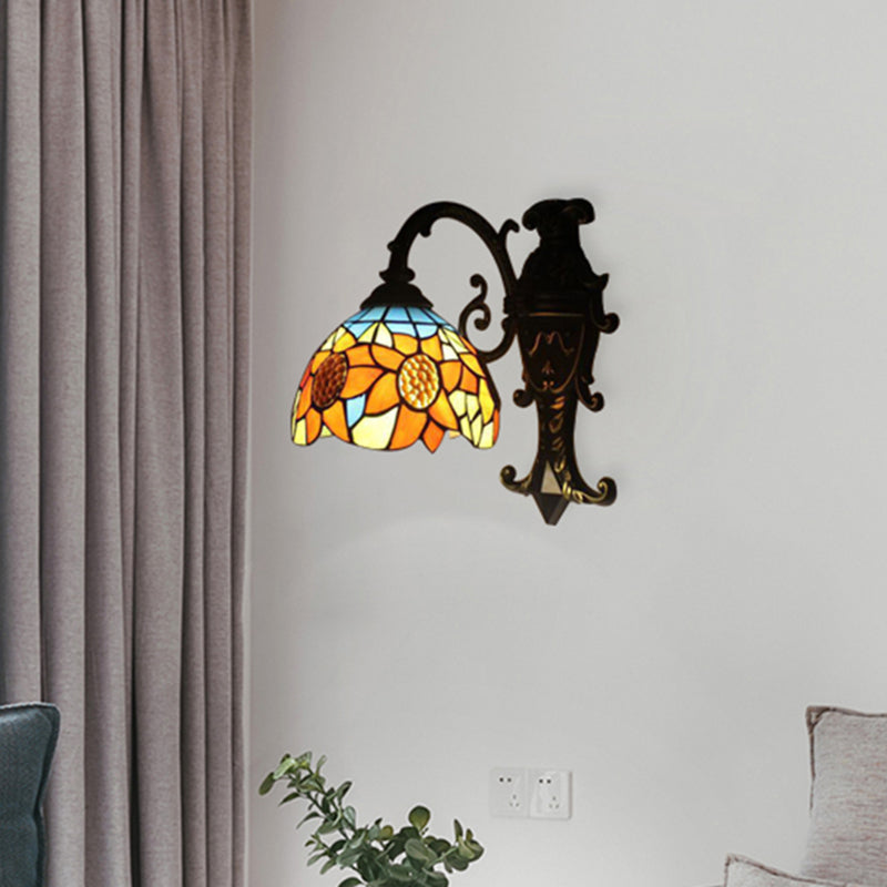 BowLift | Rustic Tiffany Sunflower Wall Lamp 1 Main Woven Glass Wall Light in Orange for Bedroom